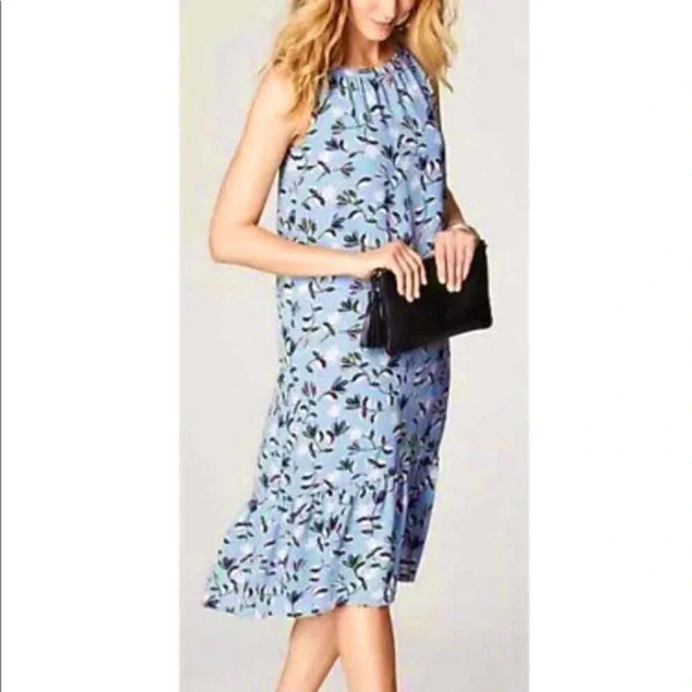 J Jill Wearever Floral Blue Flounce Hem Dress Size M